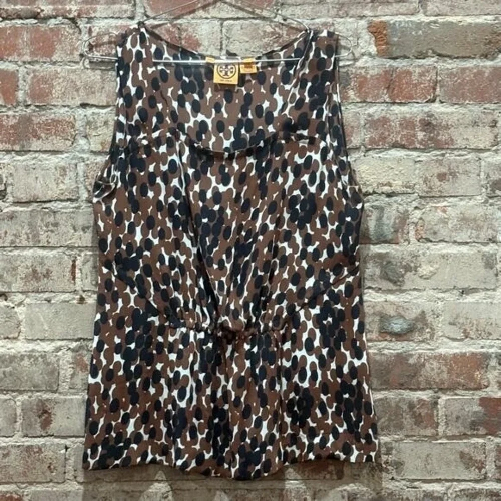 Tory Burch Abstract Leopard Print 100% Silk Sleeveless Blouse Brown Black